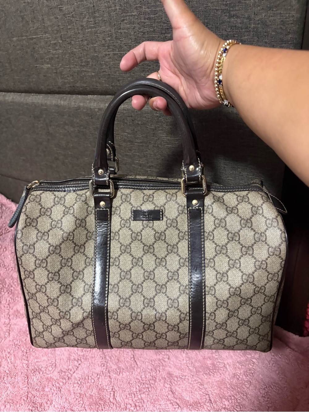 Gucci Beige Monogram Canvas Satchel with Dark Brown Trim - Picture 1 of 14